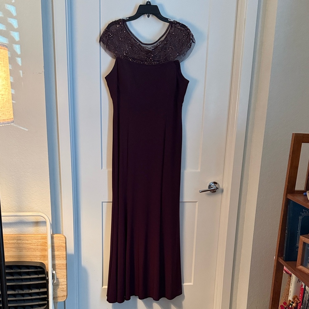 R & M Richards Plum Maxi Dress with Embellished Shoulders